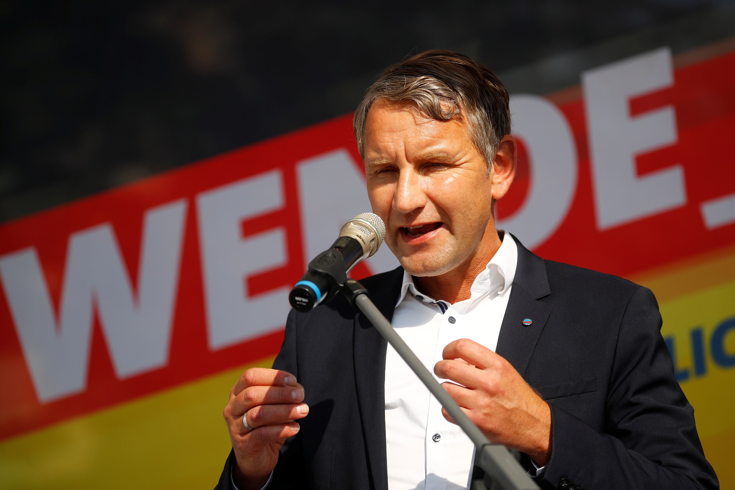 Bjoern Hoecke of Germany's far-right Alternative for Germany (AfD) party speaks during an election campaign of AfD youth organisation Young Alternative for Germany, in Cottbus, Germany, August 4, 2019. REUTERS/Hannibal Hanschke