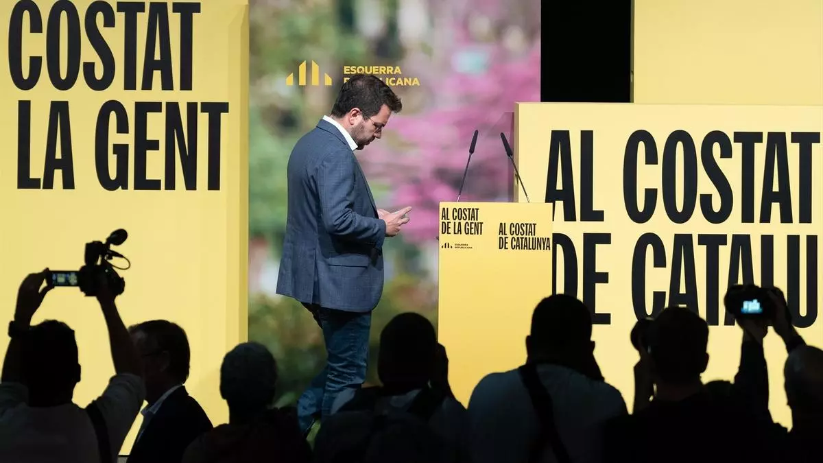 El candidato de ERC a la reelección, Pere Aragonès, este domingo en la sede electoral republicana David Zorrakino / Europa Press