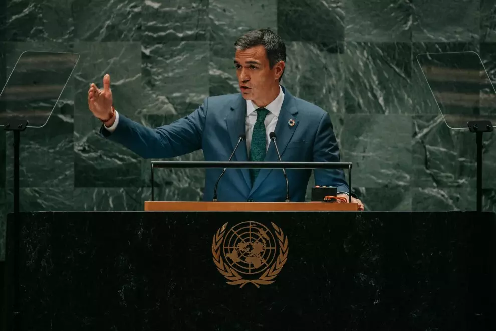 El presidente del Gobierno, Pedro Sánchez, durante su intervención en el debate general de la Asamblea de la ONU.