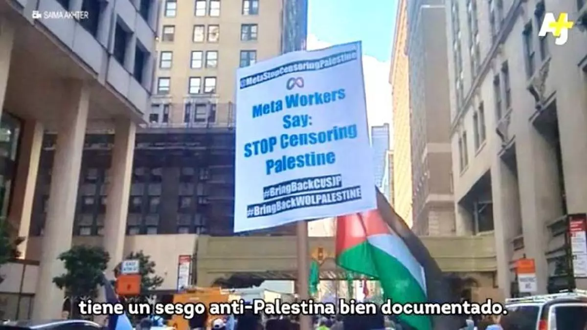 Pancarta en una protesta en EEUU: “Trabajadores de Meta dicen: dejen de censurar a Palestina” AJ+