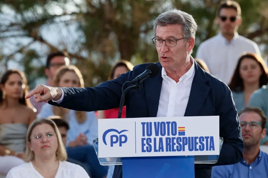 El presidente del PP, Alberto Núñez Feijóo, en un acto de la campaña del PP en Baleares para las elecciones europeas, este domingo. EFE/Cati Cladera