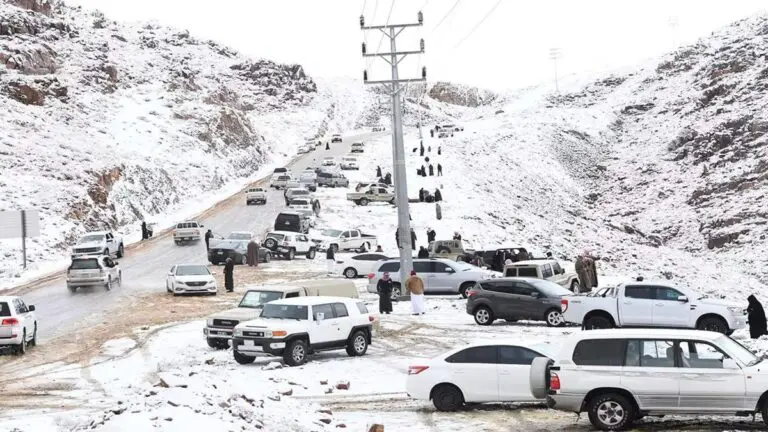 La nieve se debió a un sistema de bajas presiones originado en el mar, que se desplazó por la región, llegando hasta Omán y los desiertos saudíes. Foto: @BiIndia.