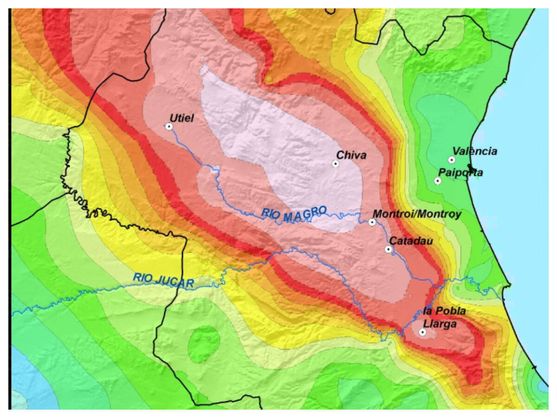 El mapa de las zonas más afectadas por la DANA (X / Aemet)