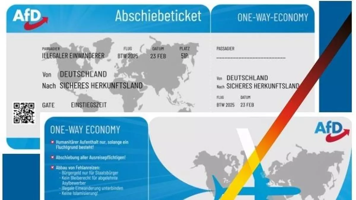 Panfleto de AfD con forma de billete de avión para la deportación de inmigrantes. AFD Panfleto de AfD con forma de billete de avión para la deportación de inmigrantes. AFD