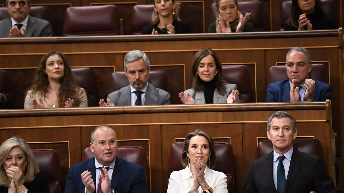 El portavoz del PP en el Congreso, Miguel Tellado; la secretaria generla del PP, Cuca Gamarra y el presidente del PP, Alberto Núñez Feijóo, durante una sesión de control al Gobierno en el Congreso de los Diputados. Fernando Sánchez - Europa Press - Archivo