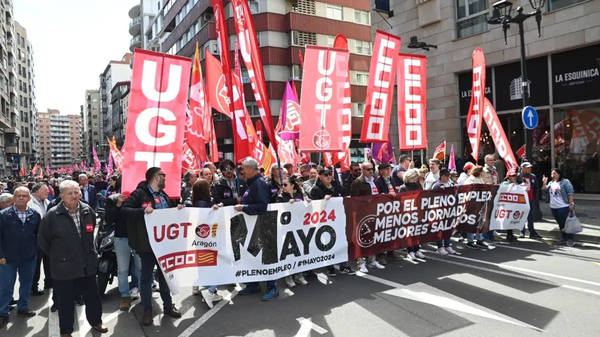 Manifestación de UGT y CCOO el pasado 1 de mayo en Zaragoza. | EP